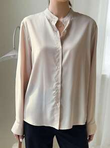 DAZY Blusa de botones unicolor, blusas de manga larga - Albaricoque - Ver 5