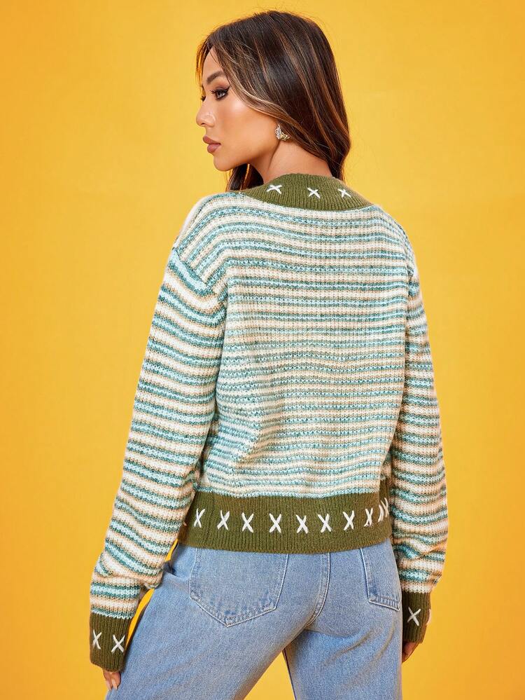 Striped Pattern Button Front Cardigan Fall Cloth For Women