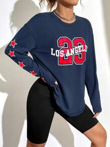 SHEIN Unity 星星&字母圖案落肩T恤 - 藏蓝色 - 查看 3