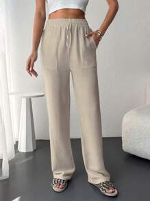 RueChic Elastic Waist Slant Pocket Straight Leg Pants - Apricot - View 1