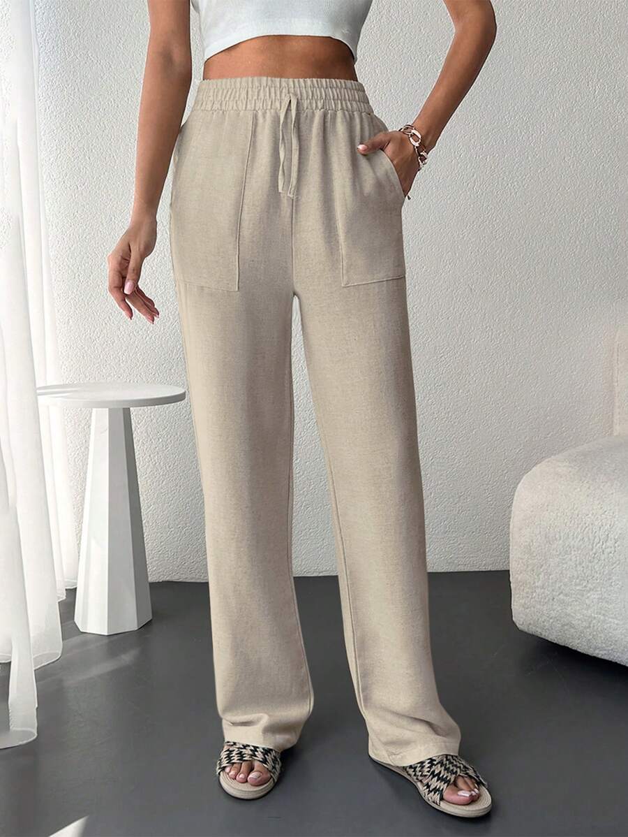 RueChic Elastic Waist Slant Pocket Straight Leg Pants - Apricot - View 1