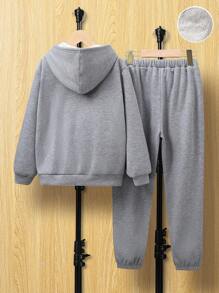 SHEIN EZwear Women'S Plus Size Hooded Zipper Sweatshirt And Jogger Knit Two-Piece Set With Letter Print - Light Grey - View 2