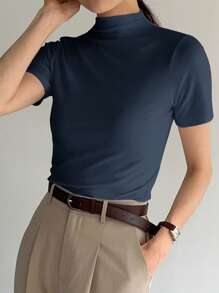 DAZY 素色小高領T恤 - 藏蓝色 - 查看 3