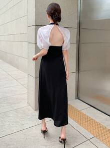 DAZY Vestido línea A de color combinado de manga farol - Blanco y Negro - Ver 7