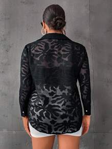 SHEIN Franclia Hơn Ren hoa Nút phía trước Áo sơ mi - màu đen - Xem 2