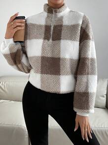 SHEIN Essnce Buffalo Plaid Pattern Drop Shoulder Half Zip Teddy Sweatshirt,Long Sleeve Tops In Fall/Winter - Multicolor - View 6