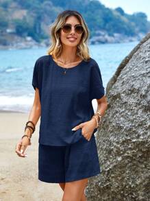 Sylviya 蝙蝠袖襯衫&斜口袋附腰帶短褲 - 藏蓝色 - 查看 3