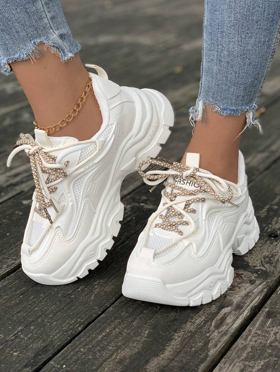 Zapatos Deportivos Beige Para Mujeres Con Suelas Gruesas, Estilo De Zapatos Toscos - Beis - Ver 1