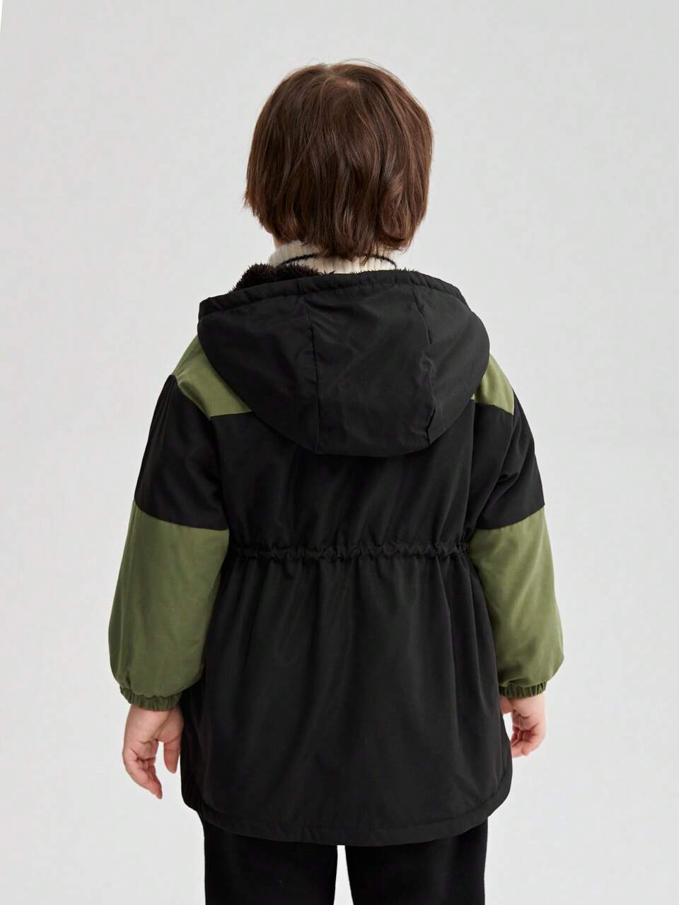Young Boy Letter Patched Drawstring Waist Teddy Lined Hooded Coat