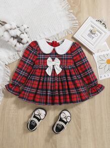 SHEIN Baby Girl Tartan Print Peter Pan Collar Bow Front Flounce Sleeve Peplum Top