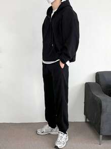 DAZY Men Drop Shoulder Drawstring Hoodie & Sweatpants Without Tee - Black - View 2
