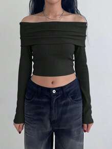 DAZY Blusa corta de hombros descubiertos con mangas largas para mujer, estilo festival - Negro - Ver 4