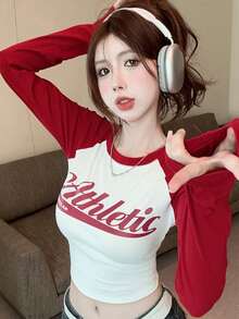 Atasan Crop Lengan Raglan Warna Kontras Wanita, Kaos Pas Badan Leher Bulat Kasual Musim Semi - Red and White - View 3