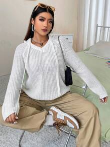 SHEIN Unity Pull tricoté côtelé unicolore, pull-over tricoté pour l'automne et l'hiver - Blanc - Voir 4