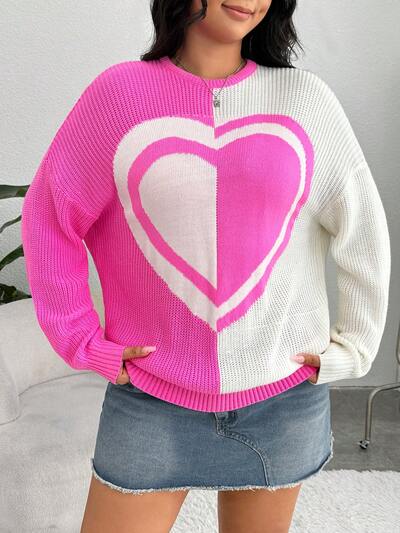 Plus Heart Pattern Two Tone Drop Shoulder Sweater