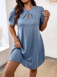 Calvaya Talla grande Vestido de cuello con abertura de ojo de manga farol - Neblina azul - Ver 5