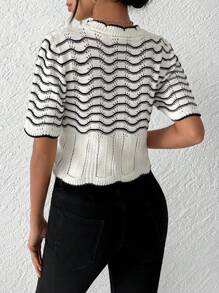 Wave Pattern Scallop Trim Crop Knit Top - White - View 5
