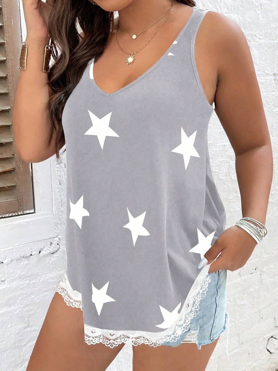 SHEIN LUNE 大碼星星印花蕾絲邊背心上衣 - 灰色 - 查看 1