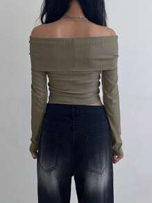 DAZY Foldover Off Shoulder Crop Tee Long Sleeve Women Tops - Green - View 2