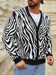 GENTILAND Nam Mô hình sọc ngựa vằn Áo len Mở - Đen và trắng - Xem 5