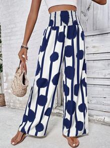 SHEIN LUNE Sọc & In vết tròn Polka Quần - Màu xanh hải quân - Xem 3