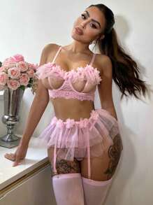 SHEIN Set de lencería con encaje floral con aro con liga con 1 par medias - Rosa - Ver 5