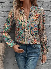 EMERY ROSE Paisley Print Notched Neckline Lantern Sleeve Blouse,Long Sleeve Tops Fall Cloth For Women - Multicolor - View 3