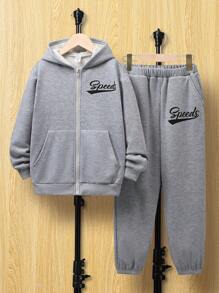 SHEIN EZwear Women'S Plus Size Hooded Zipper Sweatshirt And Jogger Knit Two-Piece Set With Letter Print - Light Grey - View 3