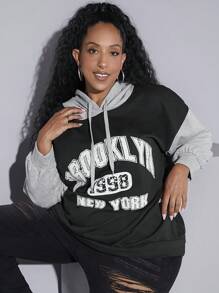 SHEIN CURVE+ 加大码字母图案撞色抽绳卫衣 - 彩色 - 查看 6