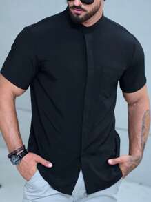 Manfinity Homme 男士純色短袖釦扣衫，黑色普通工作休閒襯衫，適用於丈夫 - 黑色 - 查看 1
