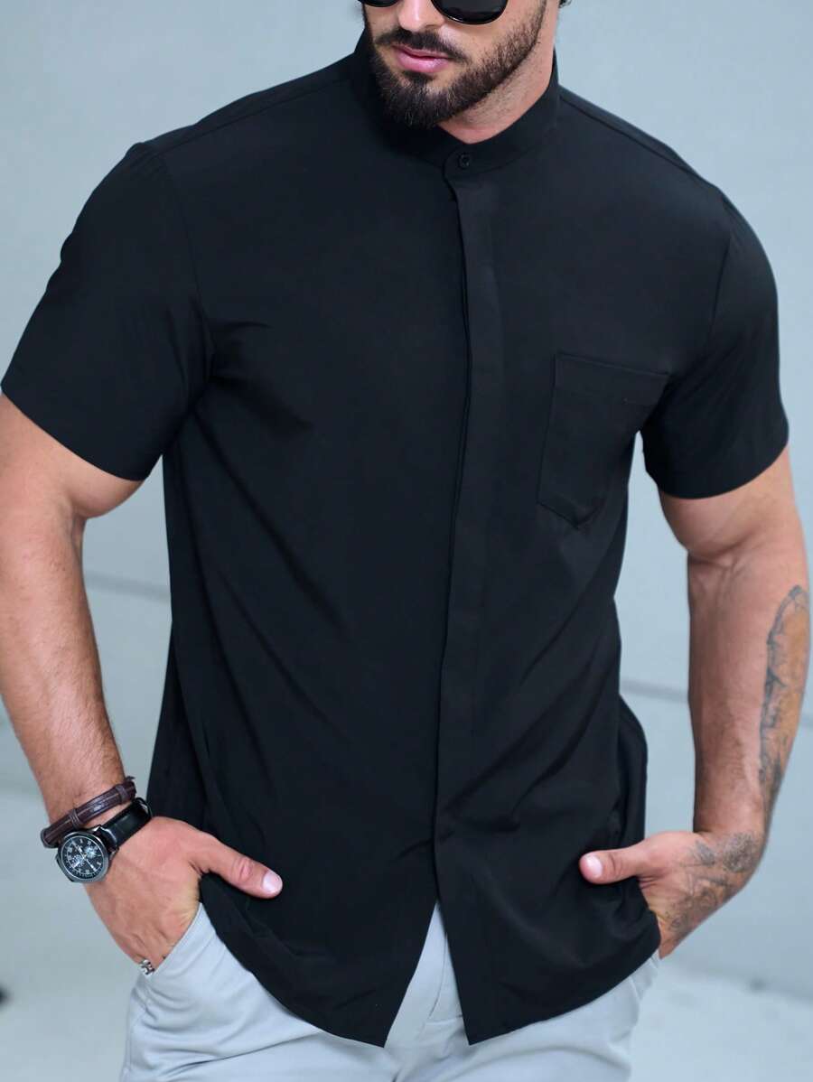 Manfinity Homme 男士純色短袖釦扣衫，黑色普通工作休閒襯衫，適用於丈夫 - 黑色 - 查看 1