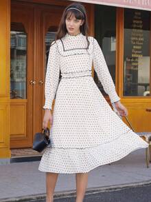 Simple Retro Polka Dot Print Ruffle Trim Dress - White - View 6