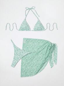 Ditsy Floral Print Halter Triangle Bikini Set For Summer With Beach Skirt - Green - View 4