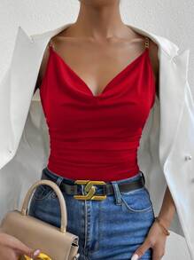 Allurite Top camisero fruncido con cuello drapeado y detalle de cadena para ropa de Año Nuevo - Rojo - Ver 5