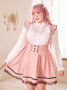 ROMWE Kawaii Hơn Ren tương phản Viền Ruffle Đầm Tổng thể Không có áo lót - Hồng - Xem 2