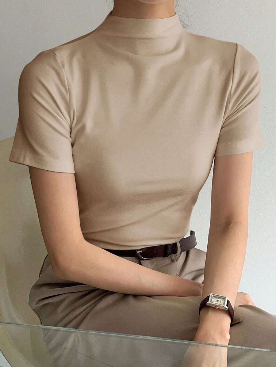 DAZY 實色高圓領短袖t恤 - 杏色 - 查看 1