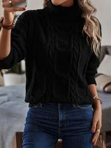 Pulover cu guler rotund, tricot cablu, cu umeri - Negru - Vizualizare 4