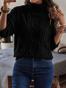 Pulover cu guler rotund, tricot cablu, cu umeri - Negru - Vizualizare 6