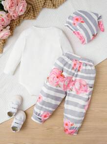 SHEIN 女嬰標語圖案連身背心&條紋印花衛褲&帽 - 彩色 - 查看 2