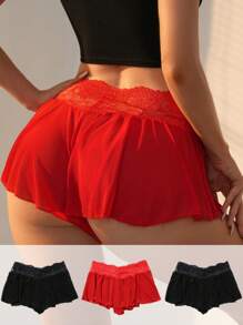 SHEIN 3 Piezas Lencería De Tanga Con Encaje De Contraste Y Adorno De Volantes De Malla Superpuesta - Multicolor - Ver 1