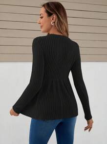 SHEIN 孕妇纯色荷叶边长袖 T 恤 - 黑色 - 查看 2