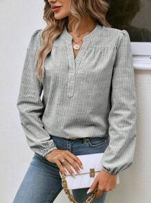 SHEIN LUNE Striped Print Half Button Lantern Sleeve Blouse