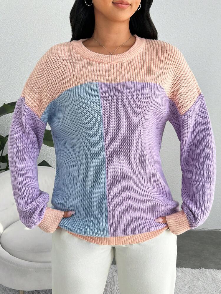Plus Color Block Drop Shoulder Sweater