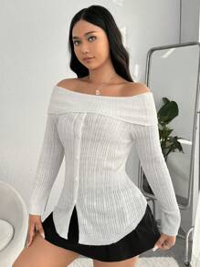 SHEIN MOD Jersey con hombros descubiertos y botones delanteros con dobladillo dividido - Blanco - Ver 1