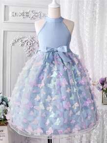 Tween Girl Butterfly Appliques Mesh Hem Halter Dress,Holiday,Summer,Travel - Blue - View 4