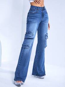 SHEIN ICON Jeans de pierna amplia con bolsillo lateral con solapa