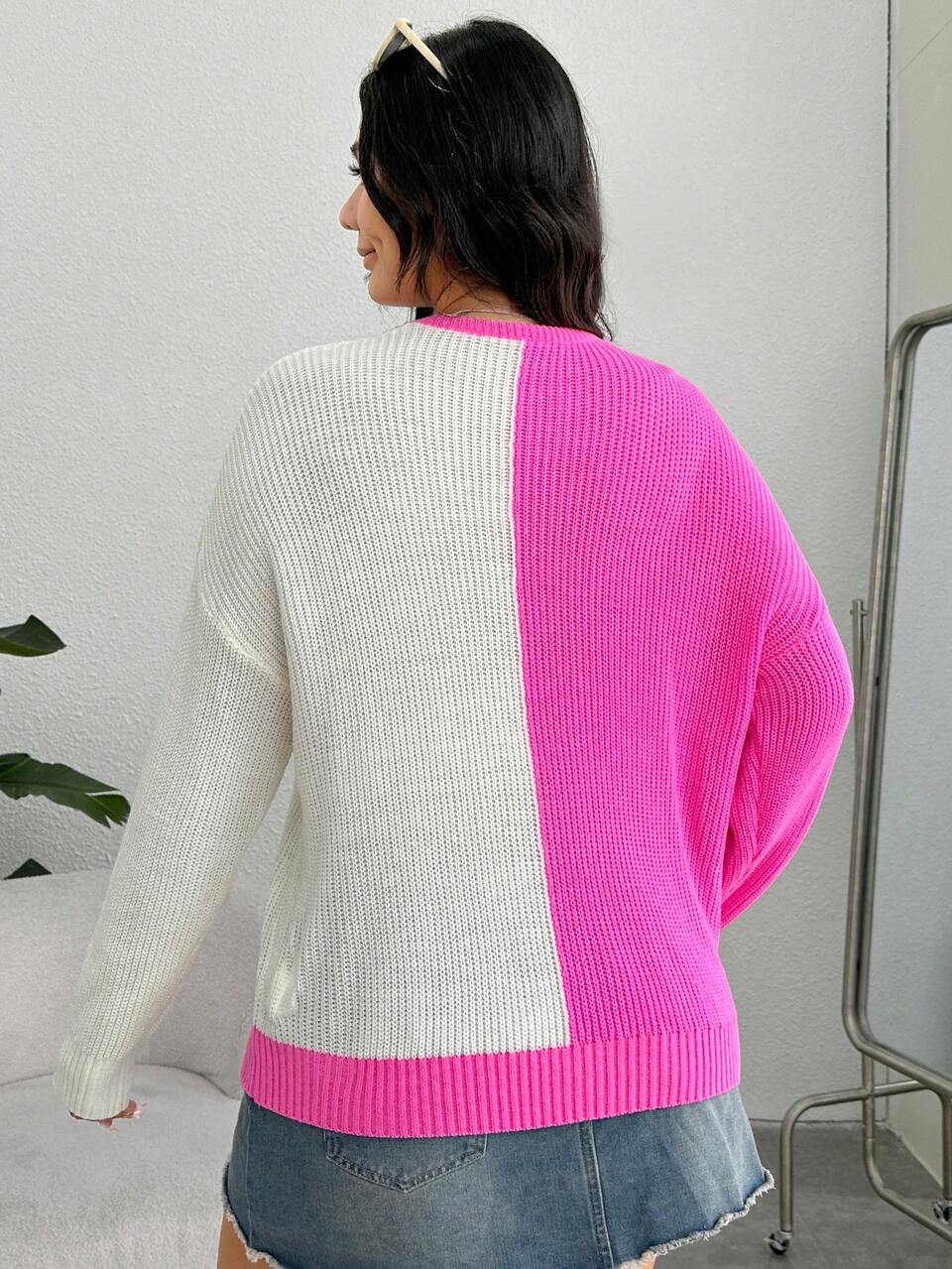 Plus Heart Pattern Two Tone Drop Shoulder Sweater