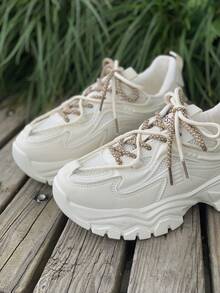 Zapatos Deportivos Beige Para Mujeres Con Suelas Gruesas, Estilo De Zapatos Toscos - Beis - Ver 5