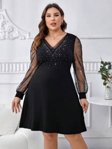 SHEIN Clasi Talla grande Vestido de manga con malla en contraste con diseño de diamante de imitación - Negro - Ver 5