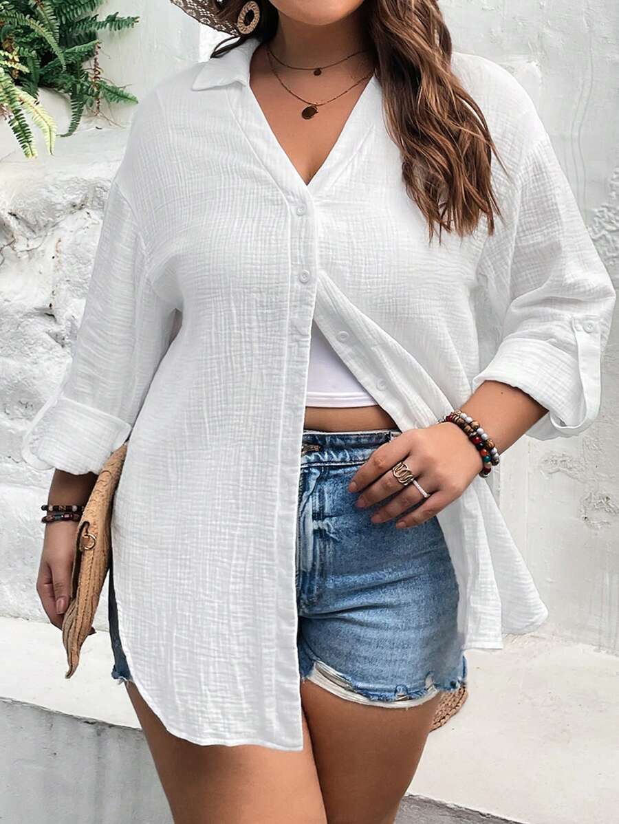 SHEIN Frenchy 大碼落肩袖前紐扣襯衫 - 白色 - 查看 1
